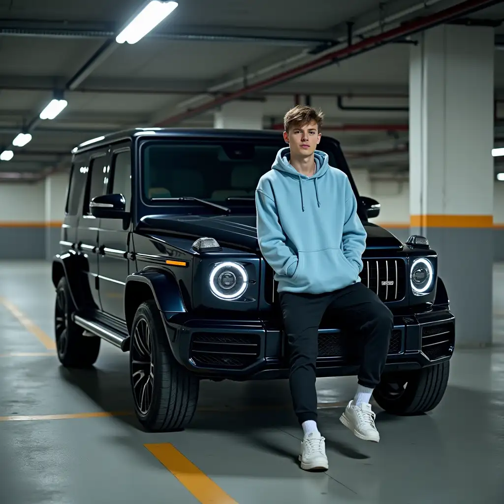 Young-Man-in-Light-Blue-Hoodie-Sitting-on-Black-Mercedes-GClass-in-Parking-Garage