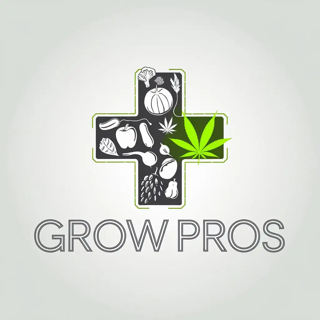 LOGO Design for Grow Pros Neon Green Health Cross with Fruits Vegetables and Cannabis Theme