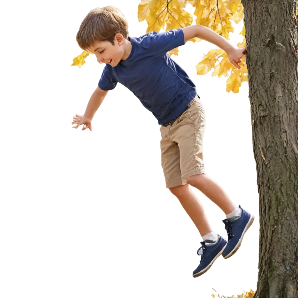 boy jumping from a tree in to leaves