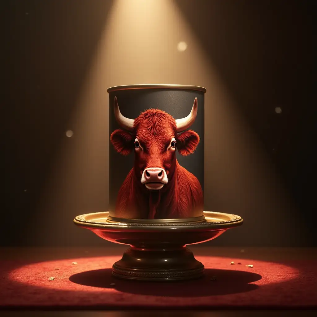 Sealed metal can of Belarusian beef stew on a luxurious pedestal. The image of a red cow's head is visible on the can. A beam of light falls on the can, there are light reflections on the can. Photorealism.