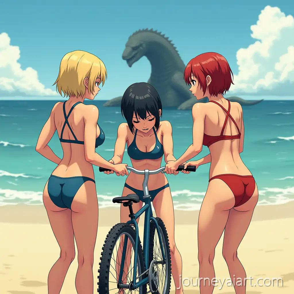 Three-Young-JapaneseHawaiian-Women-Fixing-a-Bicycle-on-Beach-with-Monster-in-the-Sea
