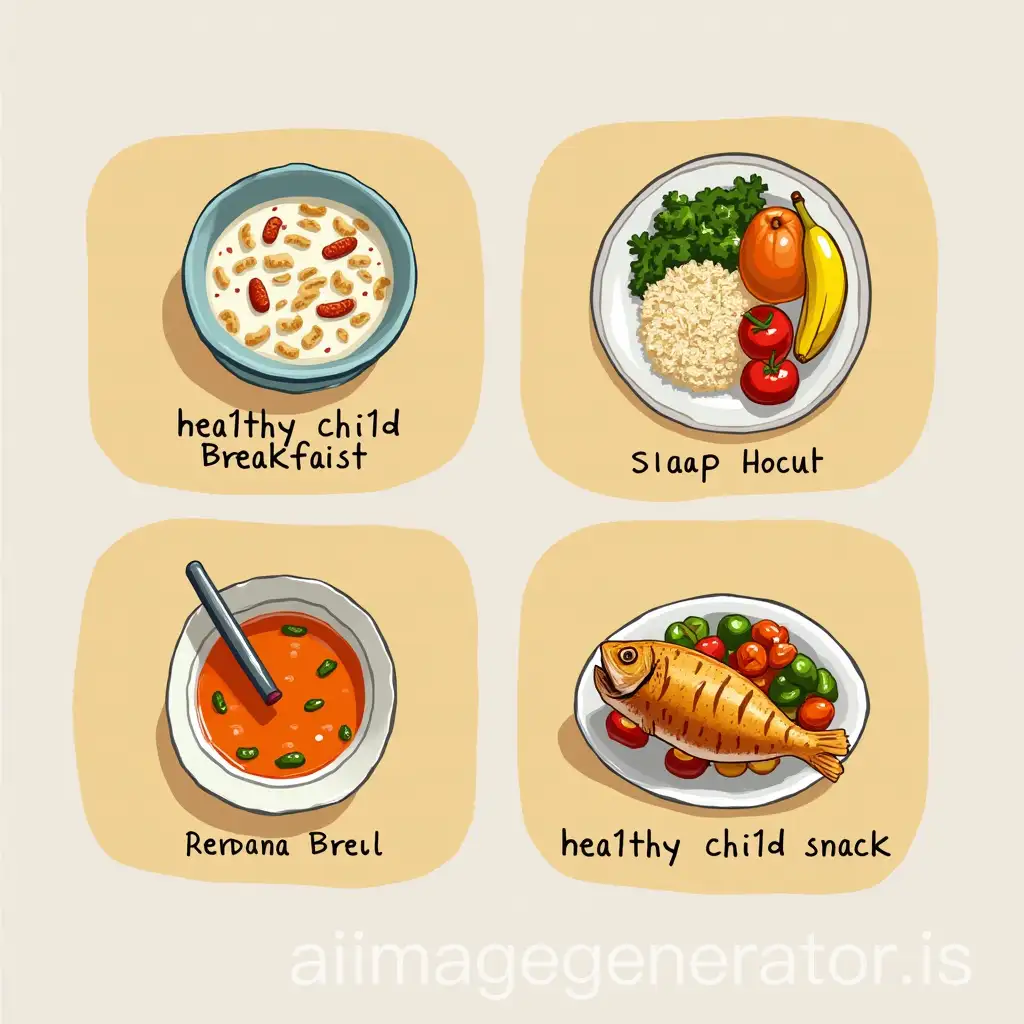 Breakfast: A bowl of milk with whole grain cereals and sliced banana (search for 'healthy child breakfast'). Lunch: A colorful plate with grilled chicken, brown rice and steamed vegetables (use 'balanced child meal'). Snack: A slice of wholemeal bread with jam and a fruit (look for 'healthy child snack'). Dinner: Bowl of homemade vegetable soup and oven-baked fish with roasted vegetables (search for 'healthy child dinner').