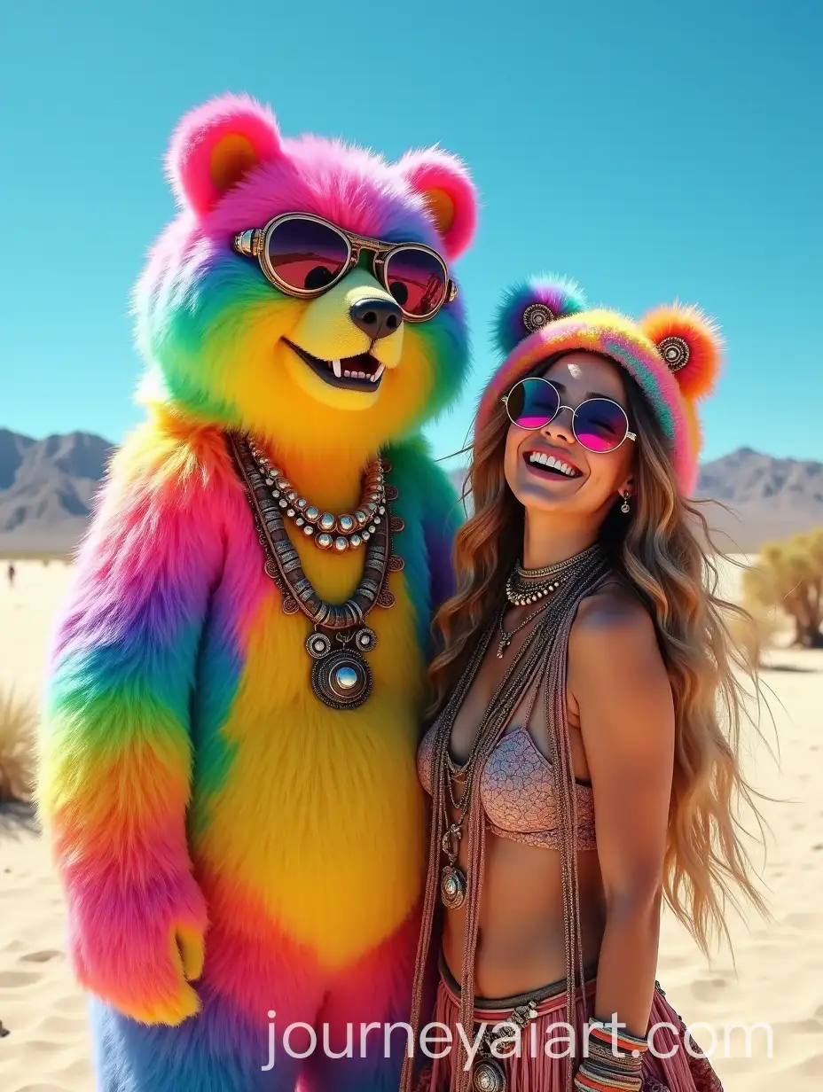 Surreal-RainbowColored-Bear-and-Woman-in-Bohemian-Desert-Festival-Scene