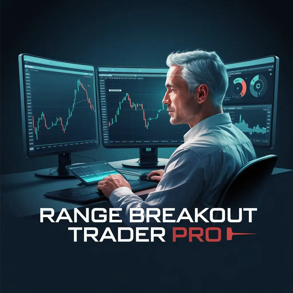 LOGO Design for Range Breakout Trader Pro Professional Trader with Curved Monitors Blue Green and Red Accents