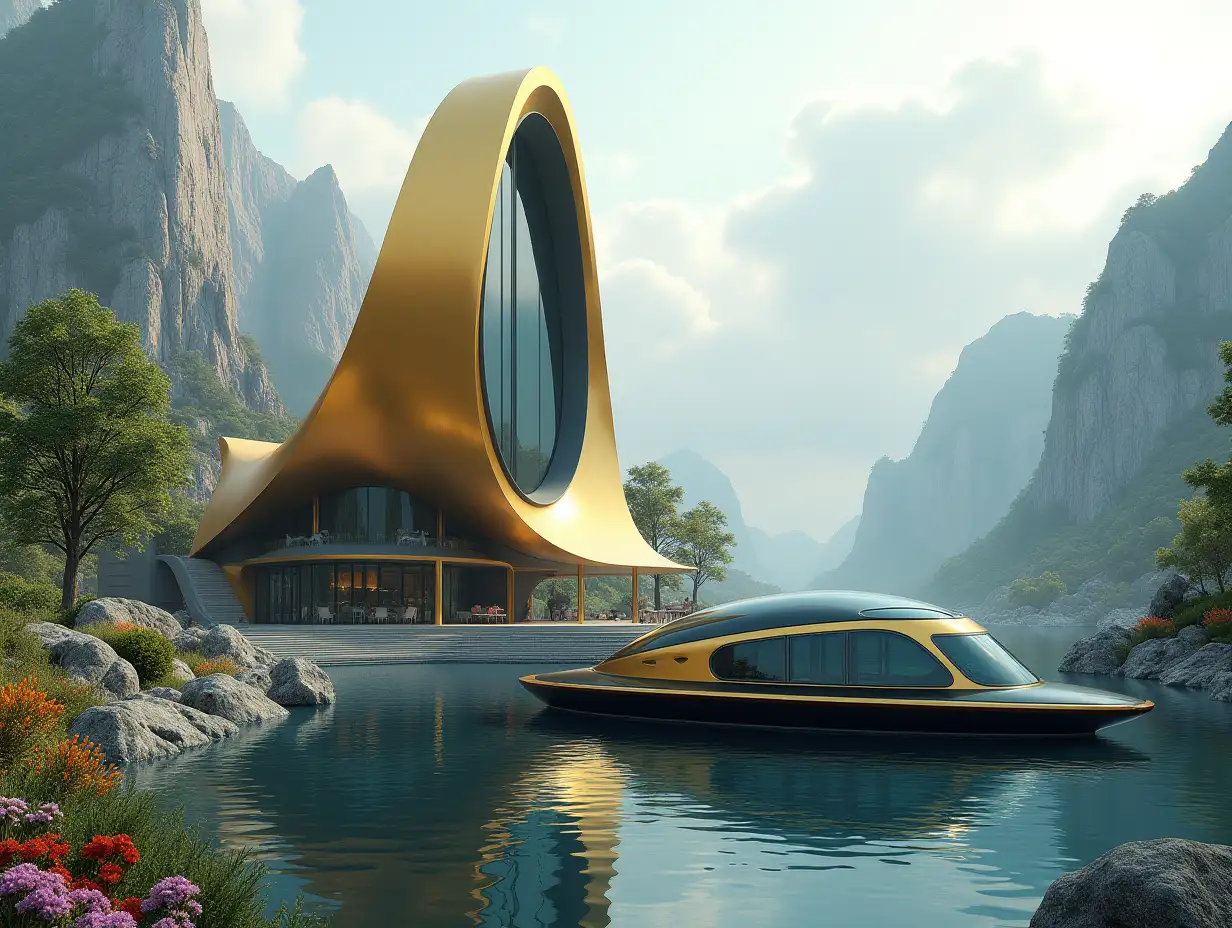 Create a high-resolution realistic image in 4k resolution a futuristic gold with black building with curved pillars, mountains large trees, rocks flowers a futuristic glass boat with glass window cloudy sky