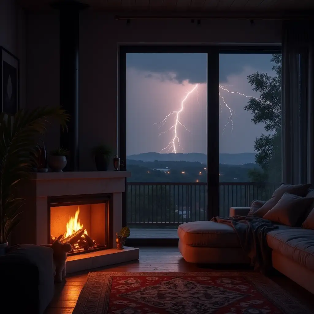 outside thunderstorm, fireplace lit in the room