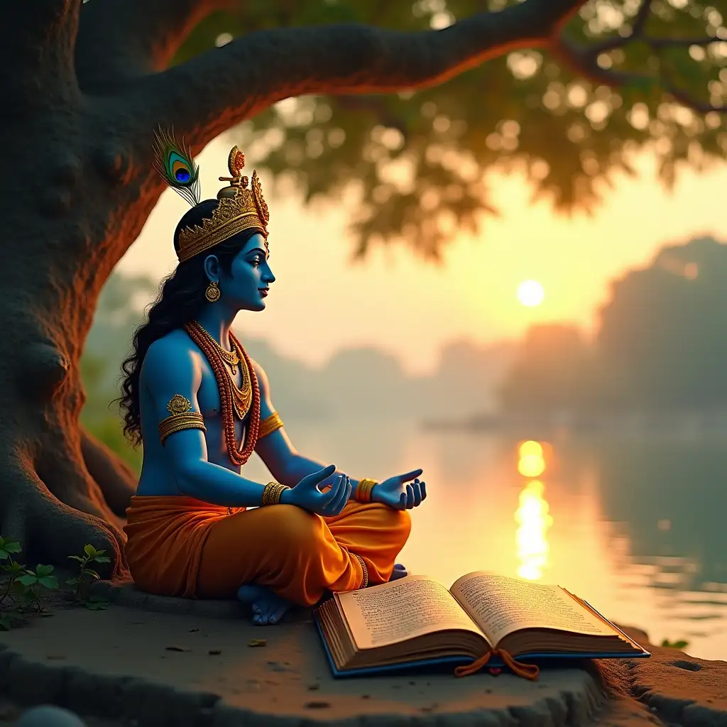 An artistic depiction of Lord Krishna meditating serenely under a large banyan tree, surrounded by an ethereal glow. He is seated in a lotus position, wearing a golden crown with a peacock feather, adorned with vibrant blue robes. The background shows a tranquil riverside landscape during sunrise, with soft golden light filtering through the trees. In the foreground, an open Bhagavad Gita rests on a small pedestal, with Sanskrit verses faintly glowing. The scene exudes a spiritual and serene atmosphere.