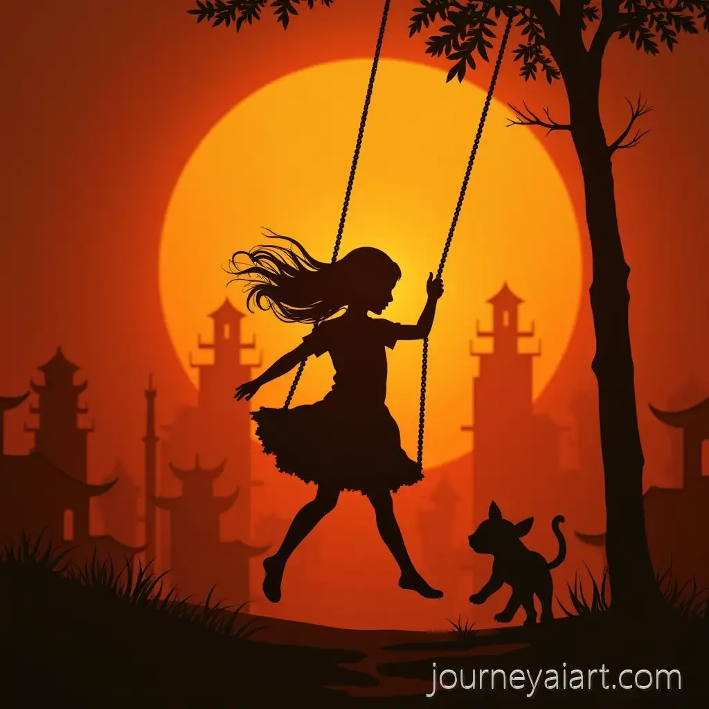 Silhouette-of-a-Young-Girl-Dancing-Swing-with-a-Puma-inSilhouette-girl-dancing-puma-a-Fiery-Cityscape