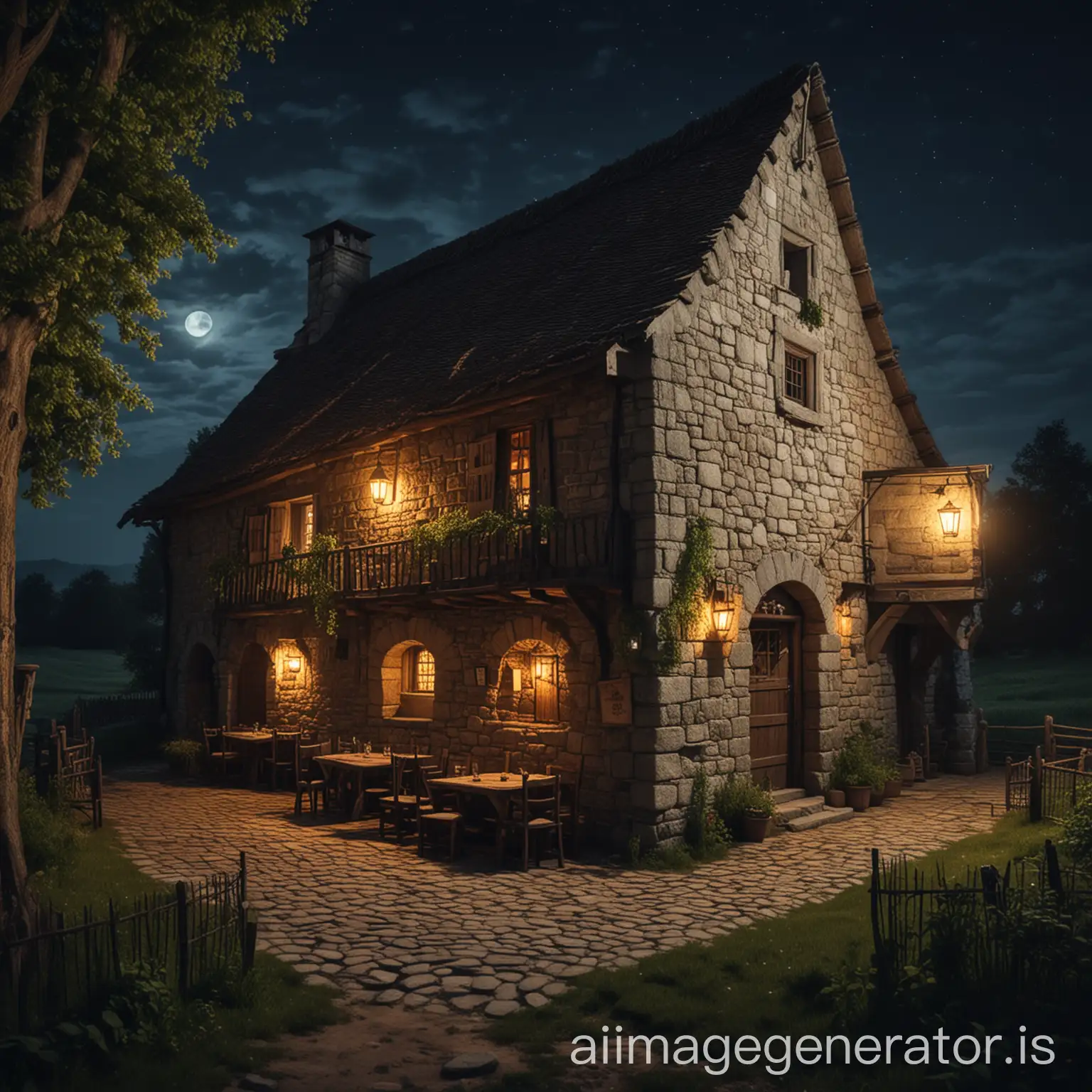 Medieval-Stone-Tavern-at-Night-Near-a-Field