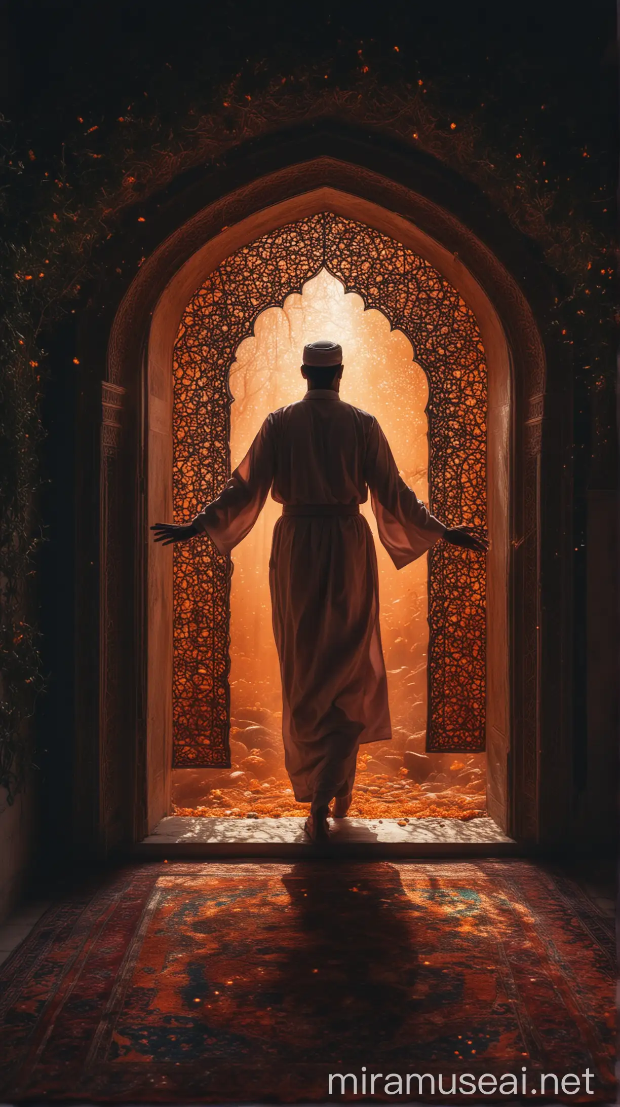 Islamic Man Confronting Celestial Window in Vibrant Paradise