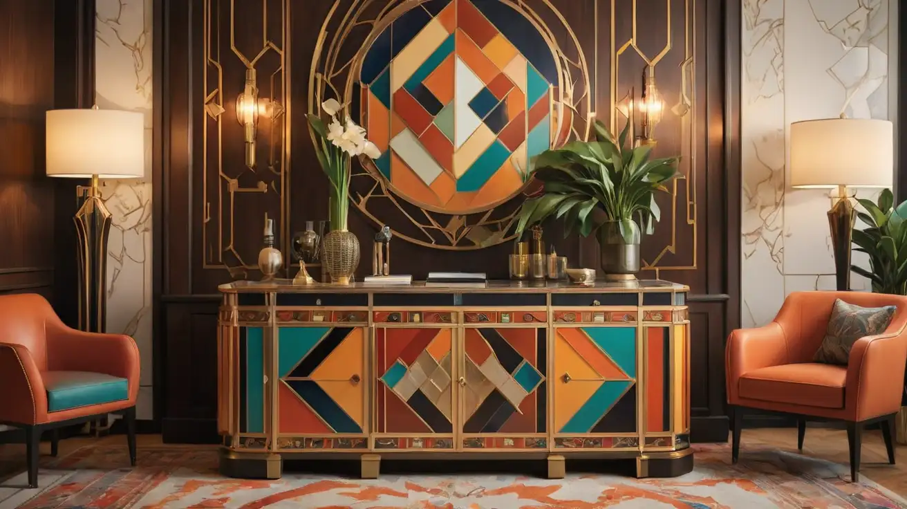 Art Deco style, Long shot, Sharp focus, full length, geometric shapes, bold lines, vibrant colors, intricate details, cabinet, desk