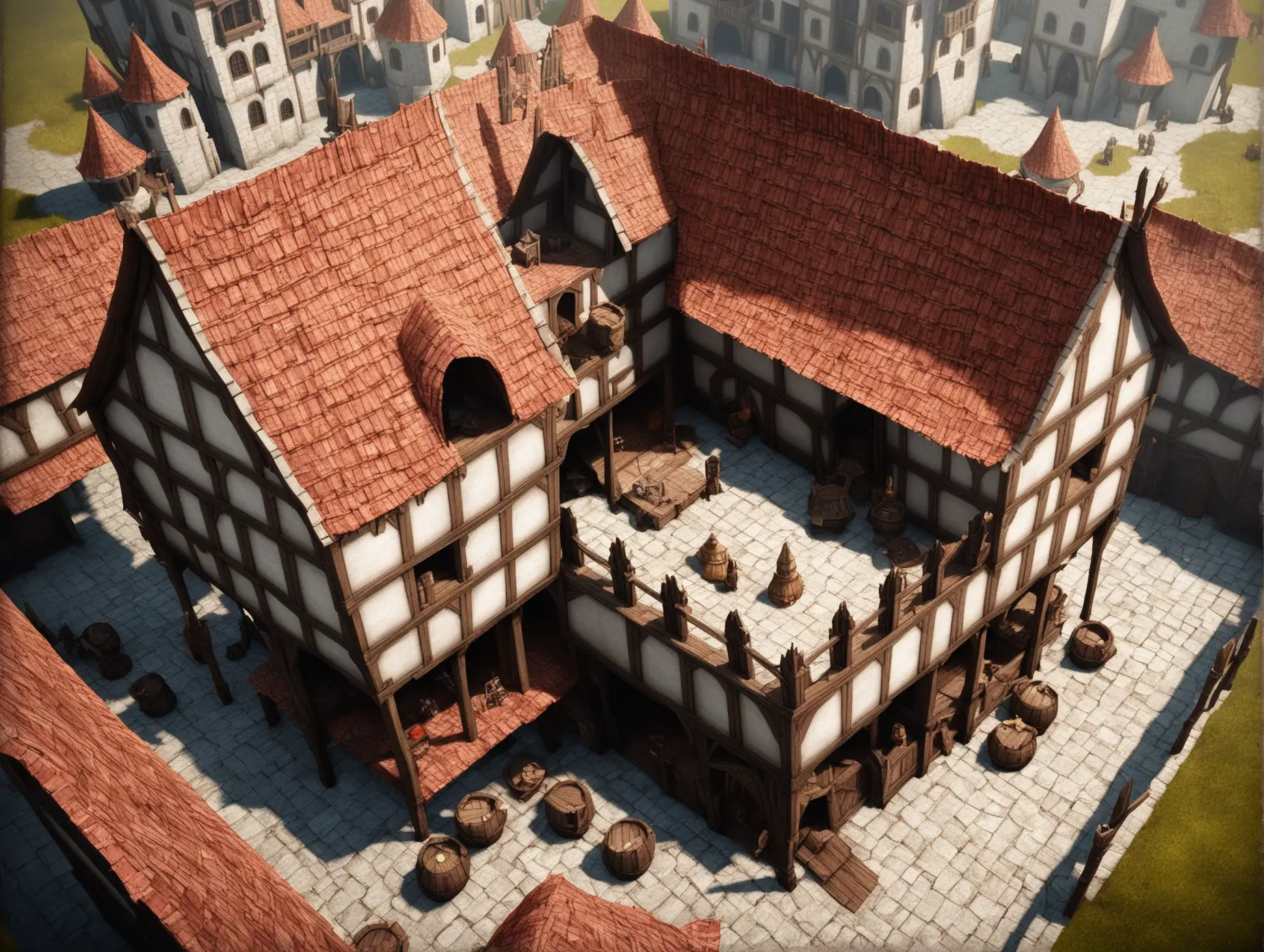 building model for a game, two-story brothel, full view of the building, bright view, fantasy, medieval, top view