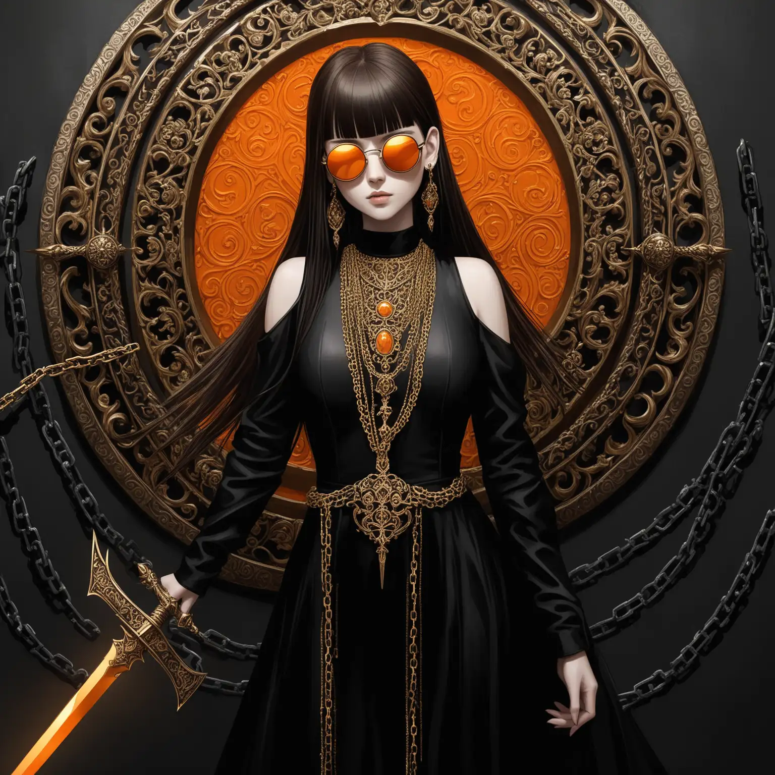 Woman-with-Ornate-Sword-and-Reflective-Sunglasses-in-Bold-Orange-Background