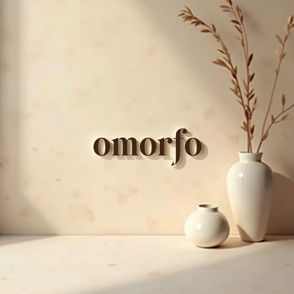 Minimalist-Omorfo-Logo-Design-on-Beige-Textured-Wall-with-Soft-Lighting-and-Blurred-Ceramic-Objects