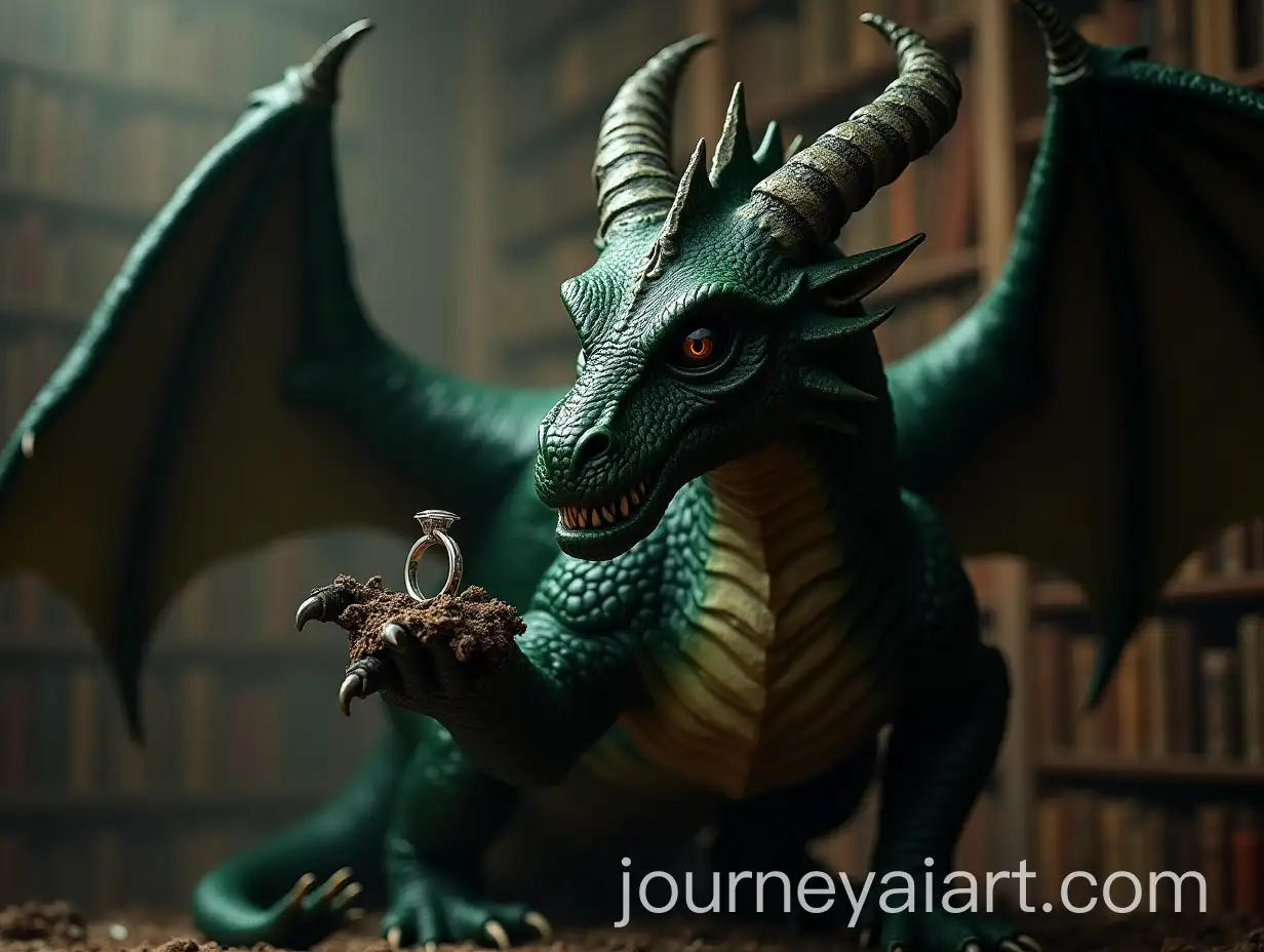 Giant-DarkGreen-Dragon-Holding-Silver-Ring-in-Vintage-Library