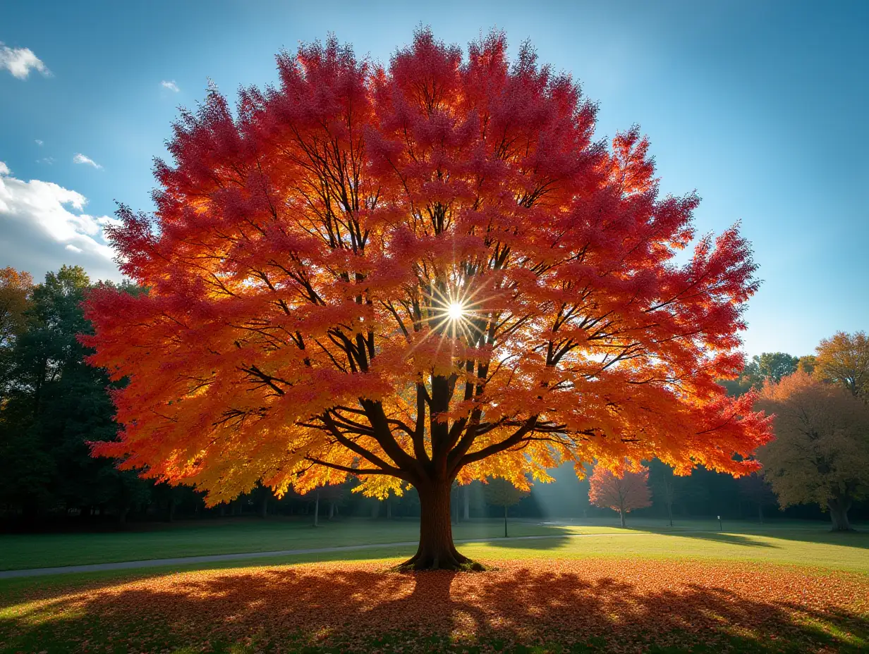 Vibrant-Autumn-Tree-with-Sunlit-Foliage-in-Park