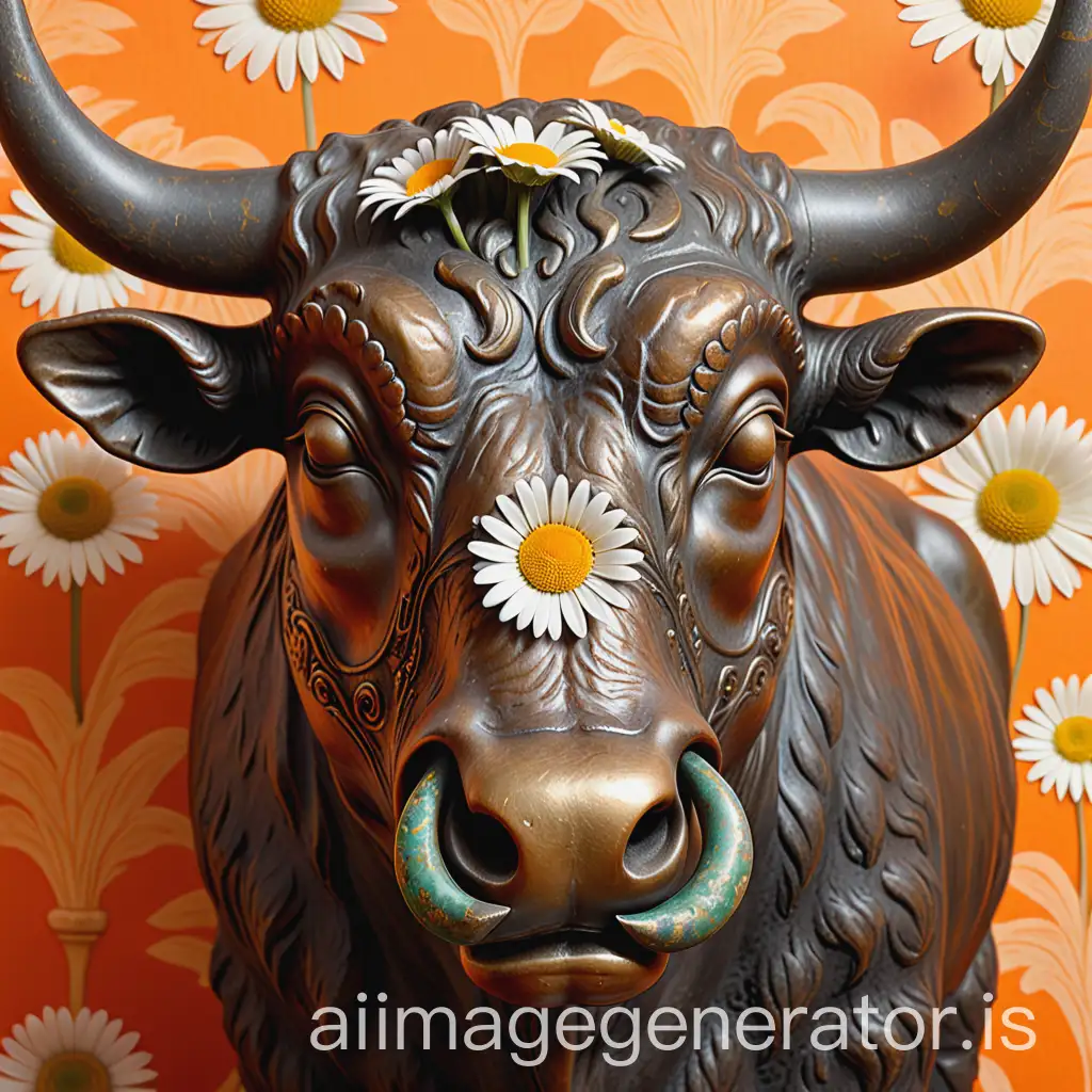 Aged-Bronze-Ox-Head-with-Nose-Ring-and-Daisy-Flower