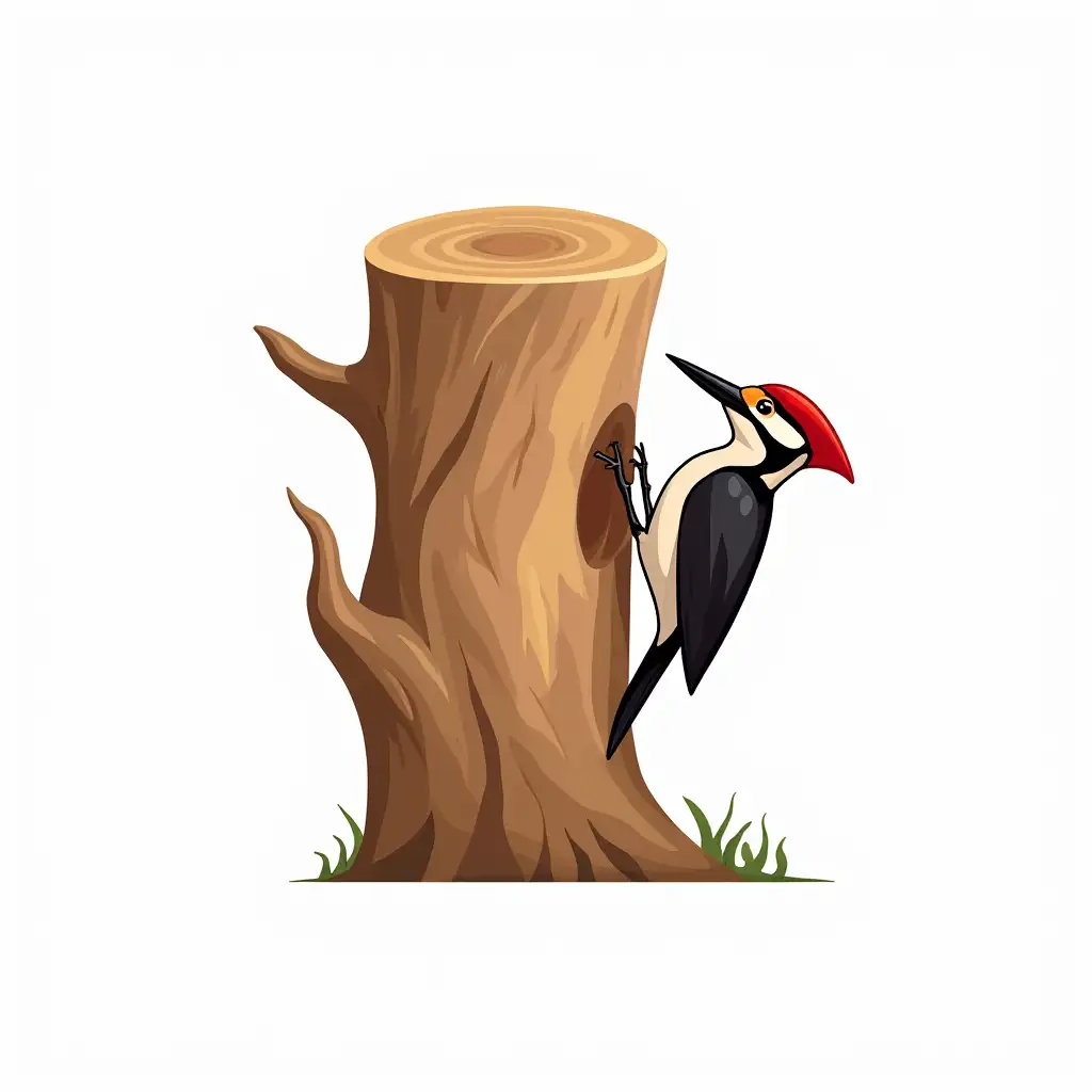 I want to create a logo for a carpentry company, which features a woodpecker carving on the right of a cork oak trunk, with a white background