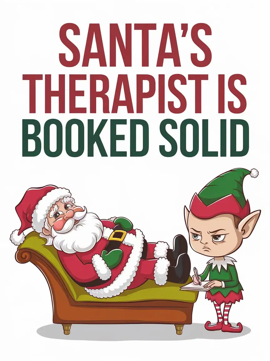 Santa's Therapist is Booked Solid written, with A cartoon Santa Claus lying on a therapist's couch, while a cute elf is writing notes with a serious expression, white background