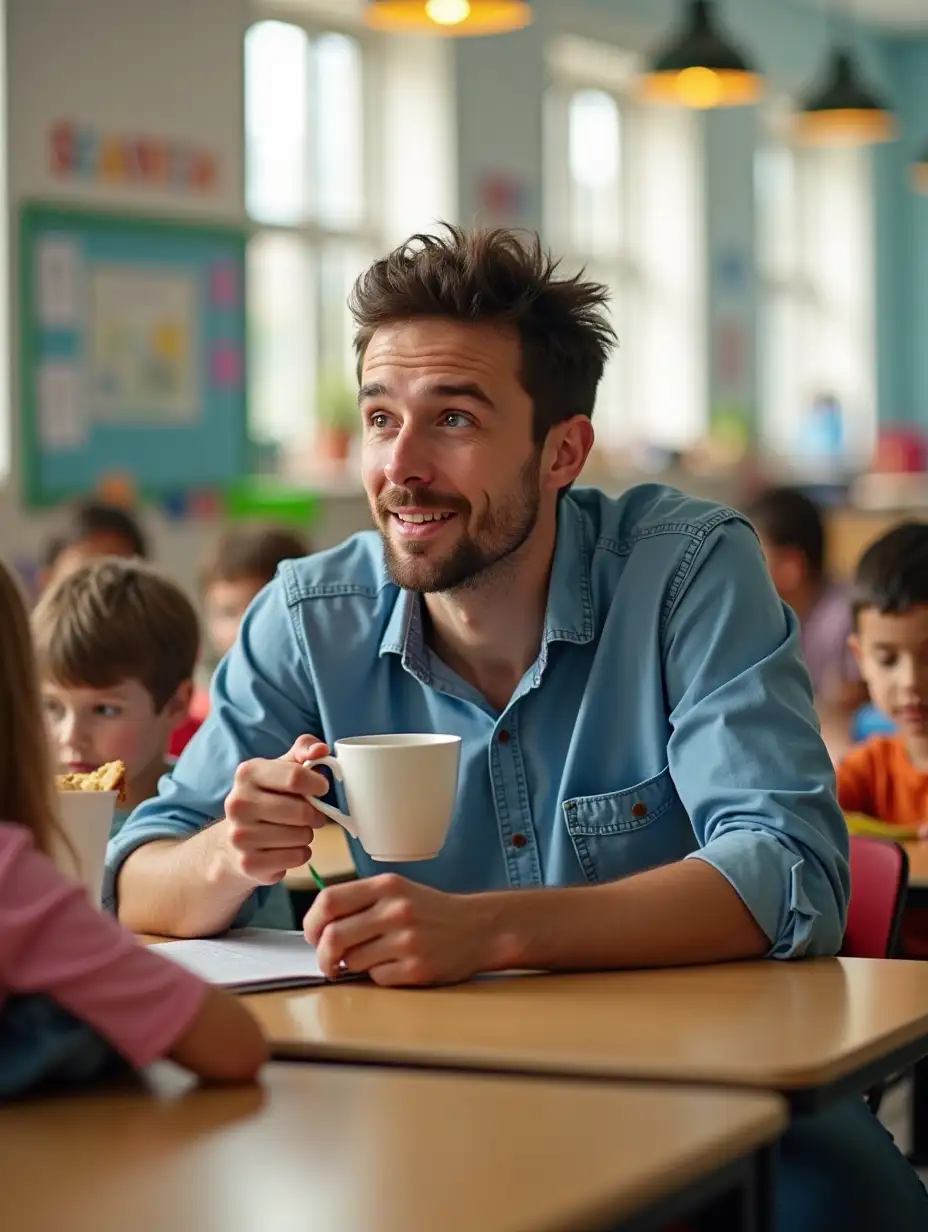 Male teacher sitting at a student's desk at an elementary school combined Kindergarten/1st grade classroom with kids in it sitting at their desks during snack time. The male teacher is drinking a cup of tea and a cookie.