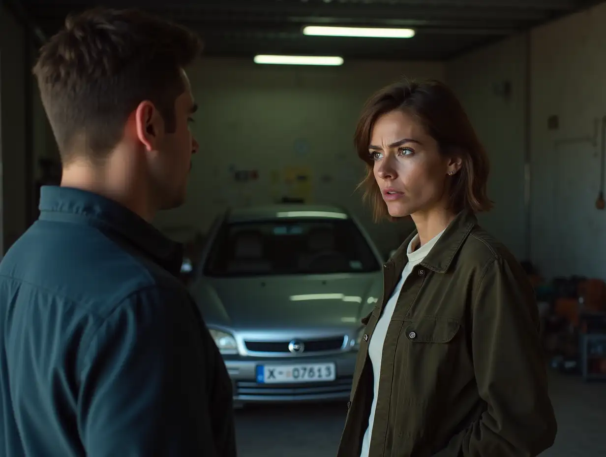 a woman in her 30s scolds looks at a man in his 35s who is standing with his back to the camera. She is stern, angry, serious. Realism, detailing. A garage with an old Opel Astra car in it