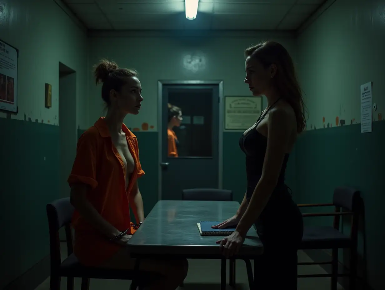 A dimly lit interrogation room in a police station, suffused with an ominous and intense atmosphere. At the center is a beautiful, yet vulnerable 18-year-old woman, dressed in an open, unbuttoned orange prisoner shirt that partially exposes her cleavage. She sits handcuffed to a cold, steel table, her eyes filled with a mix of fear and defiance as they meet the camera's gaze. The stark contrast of the bright orange against her pale skin accentuates the gravity of her situation. Across from her stands a confident and enigmatic female police officer, dressed in a form-fitting corset that emphasizes her authority and feminine presence. The officer's posture is upright, one hand resting on her hip while the other holds a notepad and pen, poised to scribble down the suspect's every word. The interplay of shadows and light casts a dramatic glow on their faces, highlighting the officer's piercing stare and the young woman's delicate features. The room is sparsely furnished with only a single, flickering overhead bulb, a one-way mirror on the wall, and a couple of chairs, adding to the claustrophobic setting. The walls are adorned with peeling paint and a single, out-of-focus poster about legal rights, hinting at the room's frequent use and the potential for coercive interrogations. The scene captures a tense moment of power dynamics and anticipation, leaving the viewer to question the truths that lie beneath the surface of their interaction.