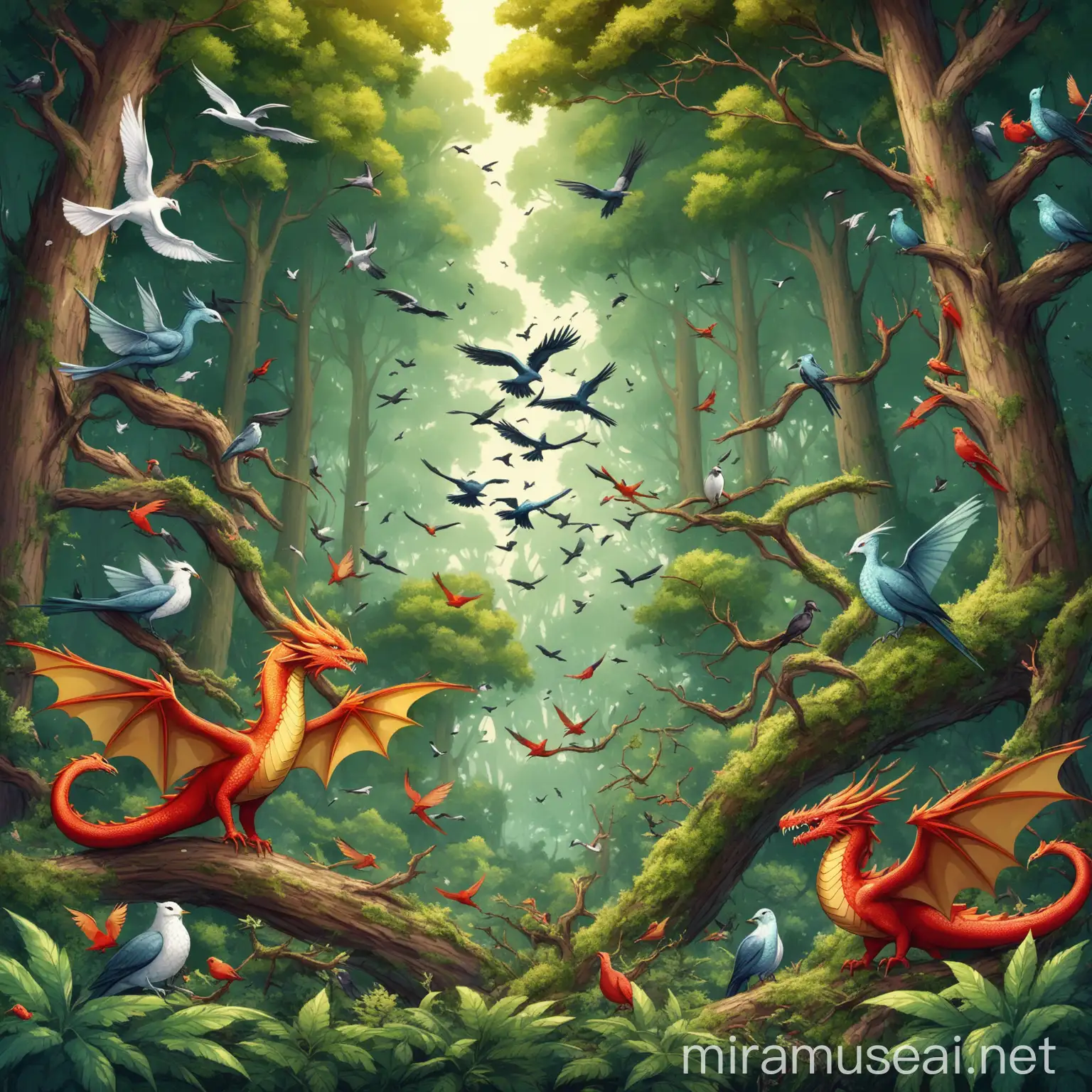 Enchanting Forest Scene with Majestic Birds and Dragons