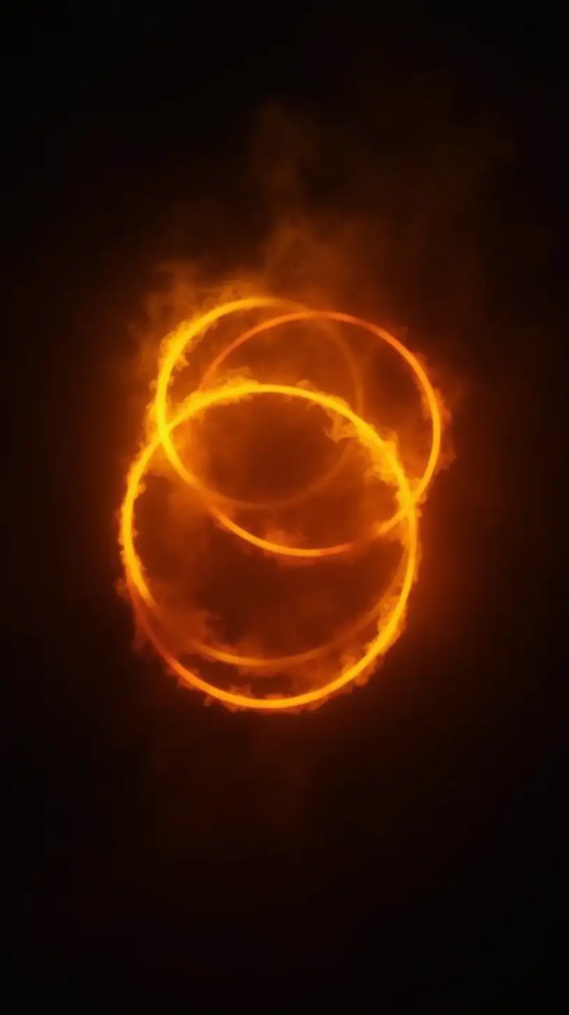 A dark, smoky studio with a black background. In the center, 6 overlapping big vibrant glowing golden loops of light in a fiery golden/redish hue, slightly overlapping to create depth. hazy environment. The focus is entirely on the glowing, energetic rings, emphasizing movement and intense aesthetic.