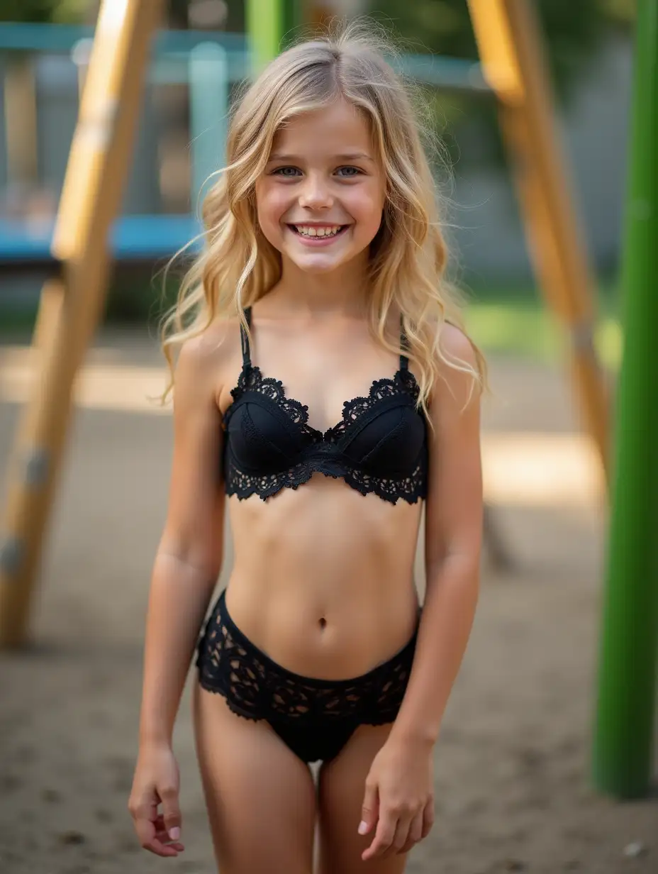 Whole body, adorable cute petite blonde happy young girl, wearing black lace lingerie, at a playground