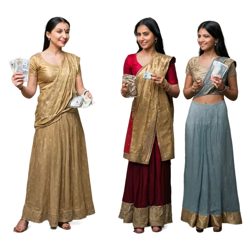 Three-Women-in-Indian-Dress-Holding-Money-PNG-Image-for-Vibrant-Visuals