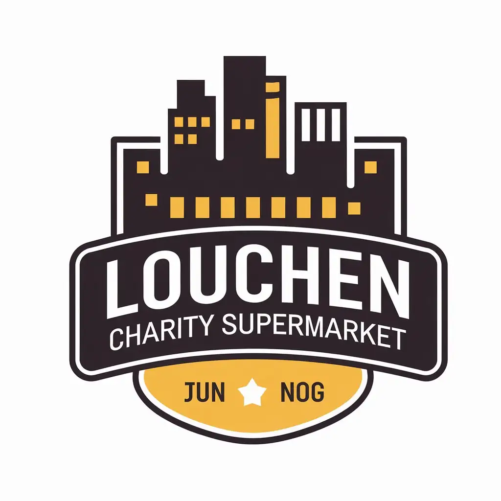 a vector logo design,with the text "Louchen Charity Supermarket", main symbol:old city,Moderate,be used in Nonprofit industry,clear background