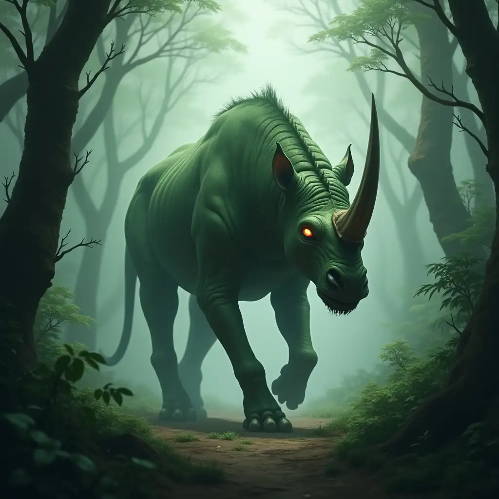 Create a realistic depiction of an evil hybrid creature with the body of a cheetah, the head of a rhinoceros, and green skin. The creature should have the sleek, agile body of a cheetah, with long, powerful legs and a slender, muscular frame, covered in smooth, textured green skin. Its head should be that of a rhinoceros, with a large, intimidating horn, thick leathery skin, and menacing, glowing eyes. The creature’s posture should be predatory, poised to strike, with its muscles tensed. Set the scene in a misty rainforest, with towering trees, dense foliage, and a soft, ethereal fog surrounding the creature. Subtle light rays should filter through the mist, casting eerie shadows on the ground. The overall atmosphere should feel dark and ominous, emphasizing the hybrid’s unnatural, sinister presence in the wild.