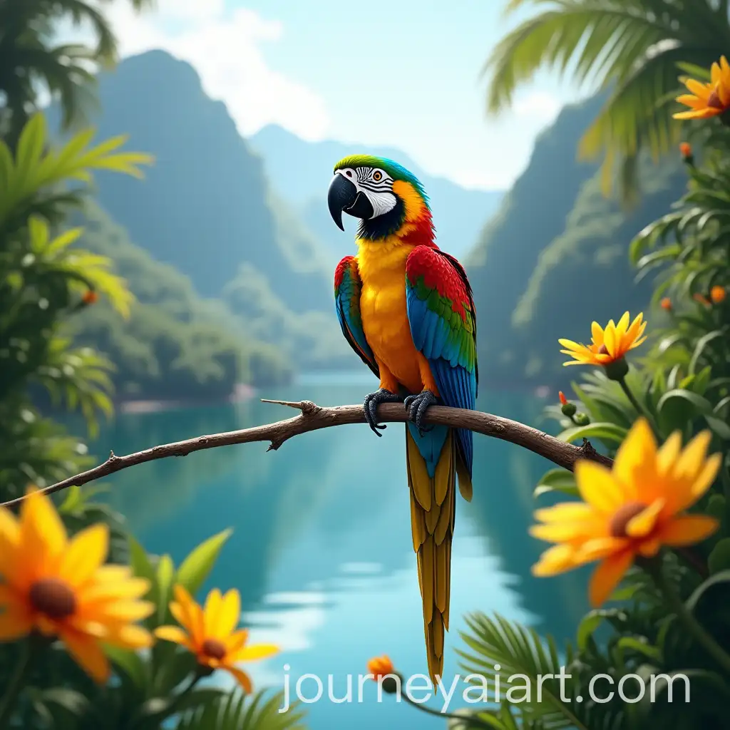 Vibrant-Macaw-Perched-Over-Tropical-Lake-with-Lush-Foliage-and-Mountains