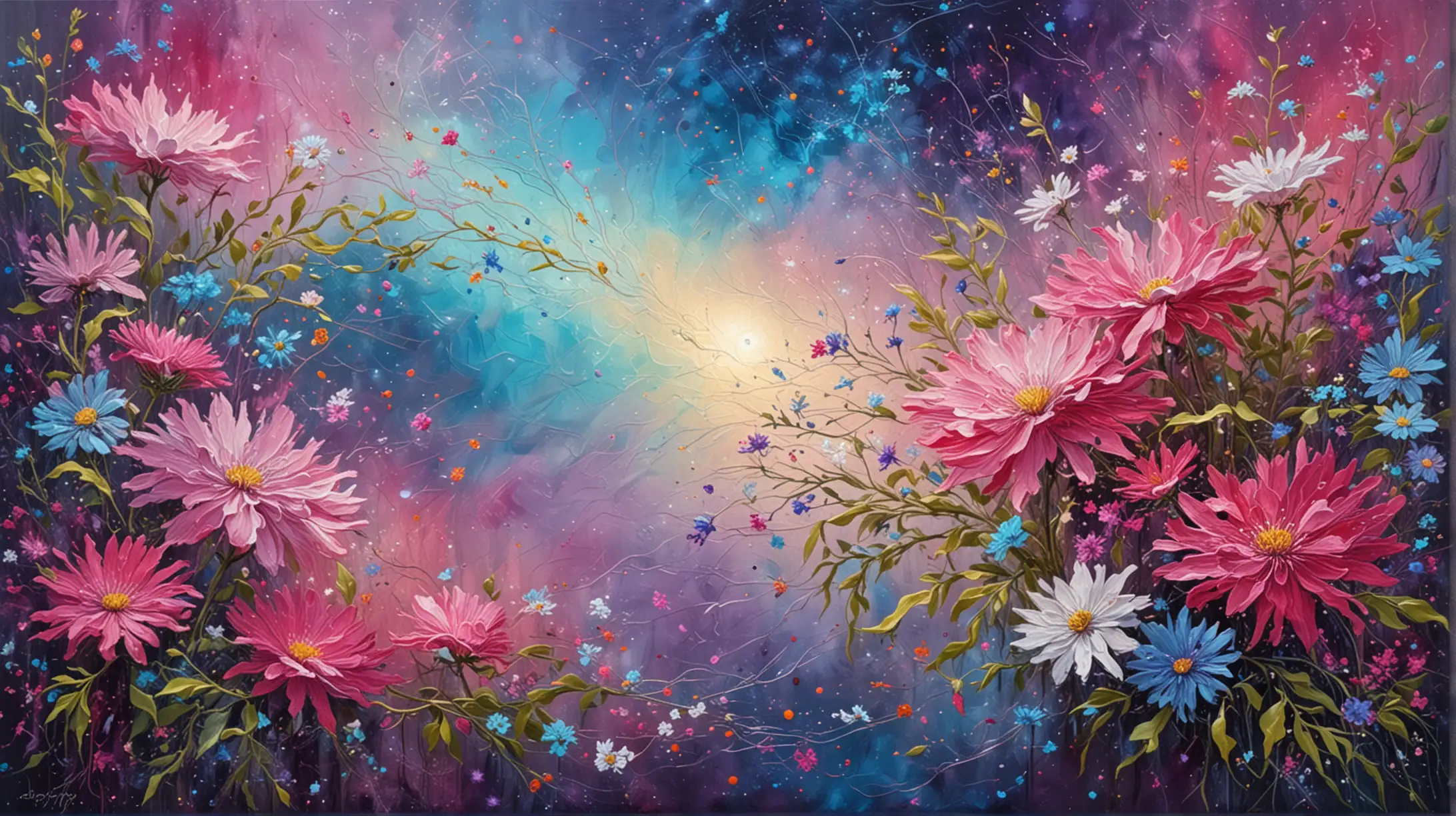 Abstract Floral Oil Painting with TurquoiseNeon and Pink Hues