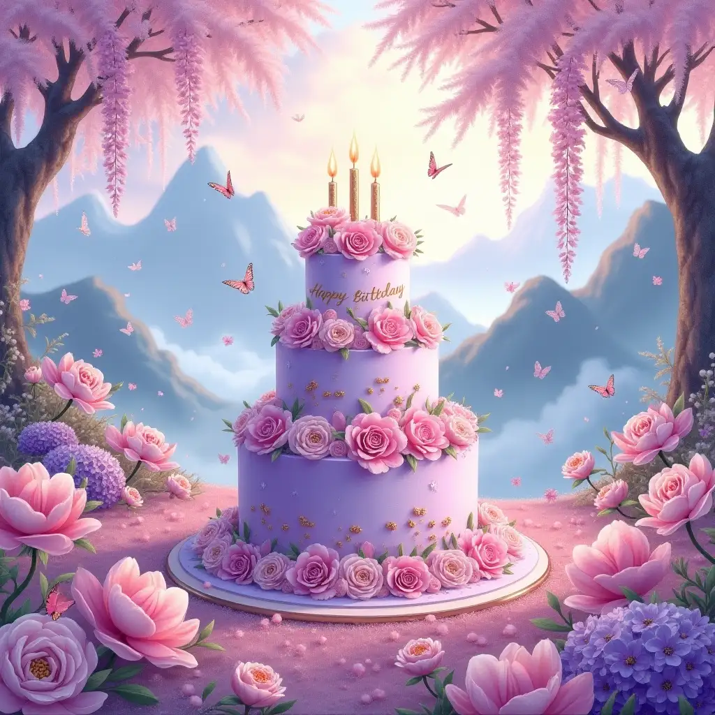 Whimsical watercolor painting of a majestic birthday cake emerging from an ocean of blossoms. The three-tiered confection adorned with crystallized rose petals and edible gold leaf stands directly upon a floral carpet, its ombre lavender frosting glowing under soft sunlight. A kaleidoscope of peonies, hydrangeas and wild poppies cascades toward misty mountains under swirling cloud formations. Translucent candles float above buttercream clouds, surrounded by monarch butterflies dancing with falling cherry blossoms. Calligraphy-style 'Happy Birthday' flags ripple between ancient magnolia trees, their branches heavy with blooming wisteria. Ethereal light beams illuminate the sugar flower decorations, each petal glistening with morning dew. Enchanting fairy-tale aesthetic with muted jewel tones, extreme close-up foreground flowers transitioning to impressionistic background, magical realism details accentuated by delicate brushwork.