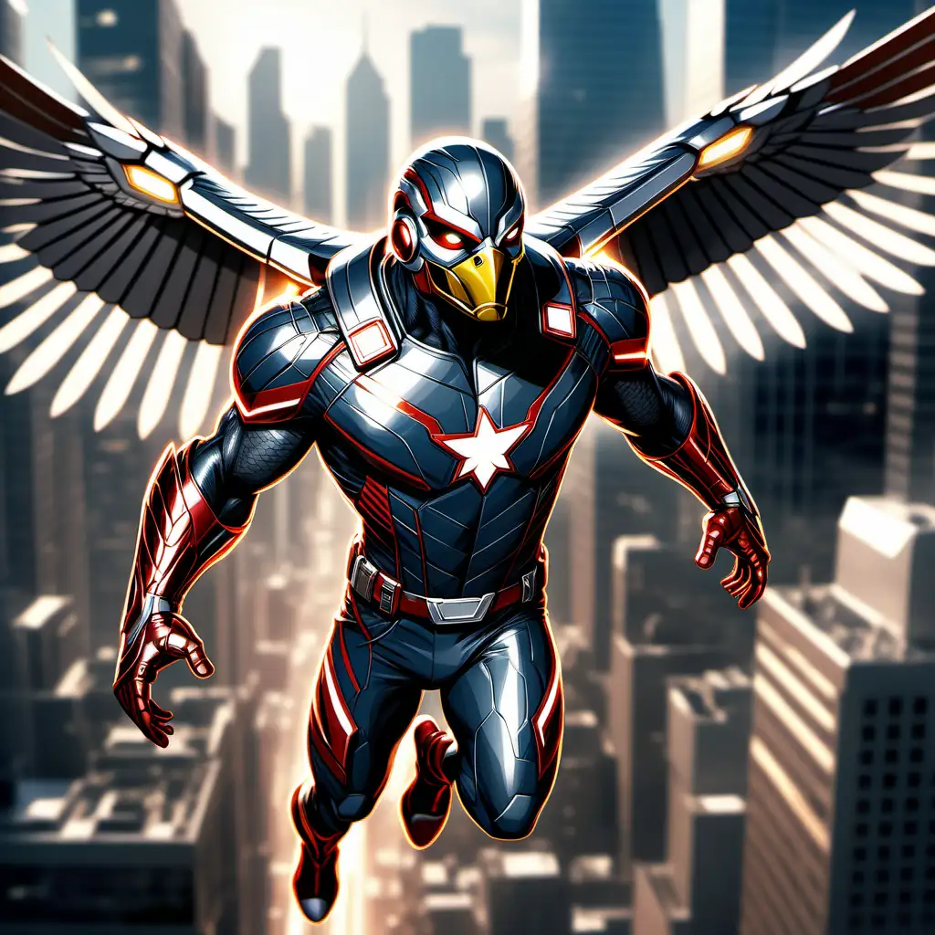 Marvel hero Falcon with metal wings, detailed view of Falcon's sleek metallic wings reflecting light, his suit equipped with advanced tech, soaring through the skies above a futuristic cityscape, atmosphere of innovation and strength, Illustration, digital art with sharp lines and dynamic shading, --ar 16:9 --v 5