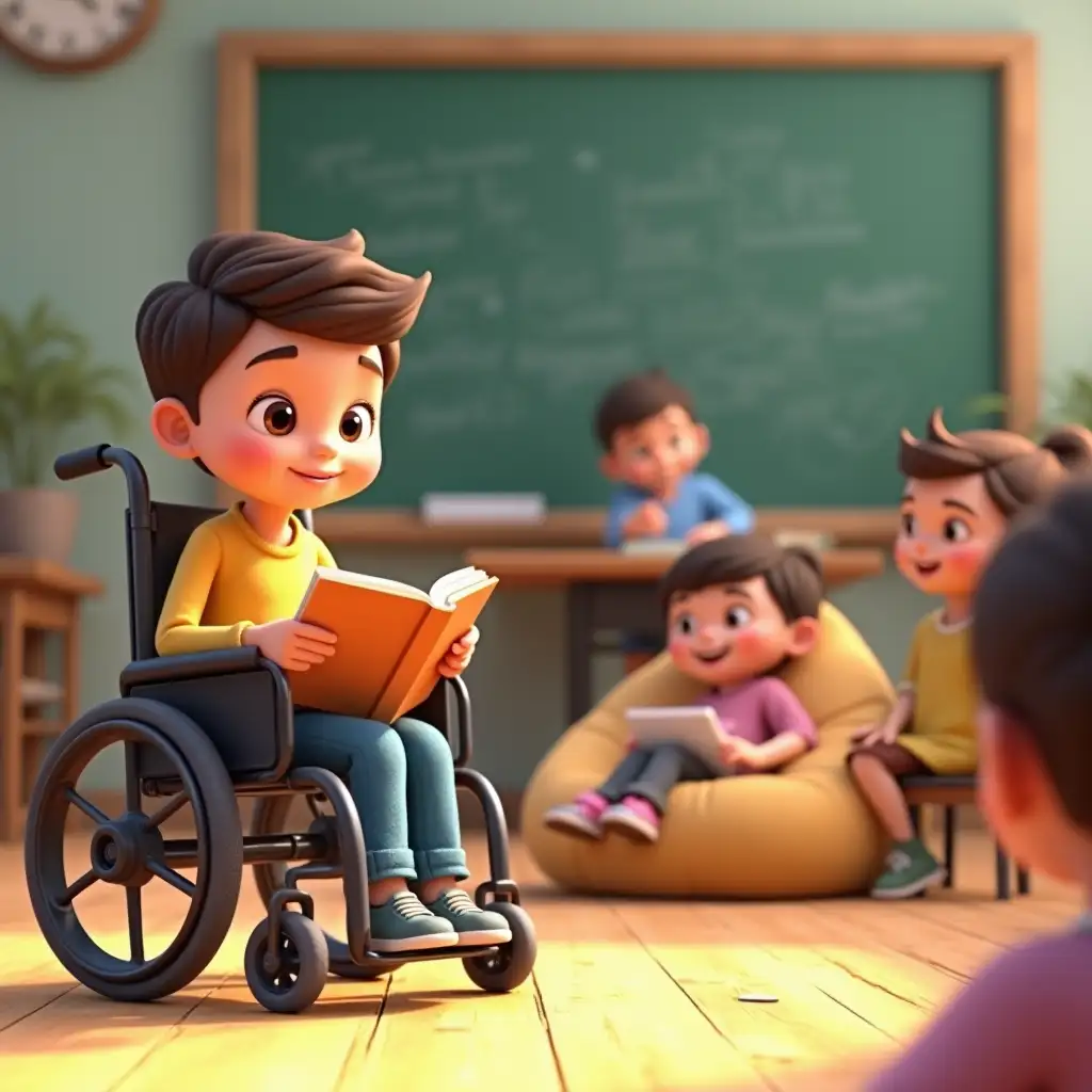 3d animation with children with different disabilities at school. One child is on wheelchair reading a book. Seconds child have communication tablet. One child laying on bag chair, smiling. Older children looks at boarda. Teacher is on front of boarda. Characters has sweet pink cheeks, grinning