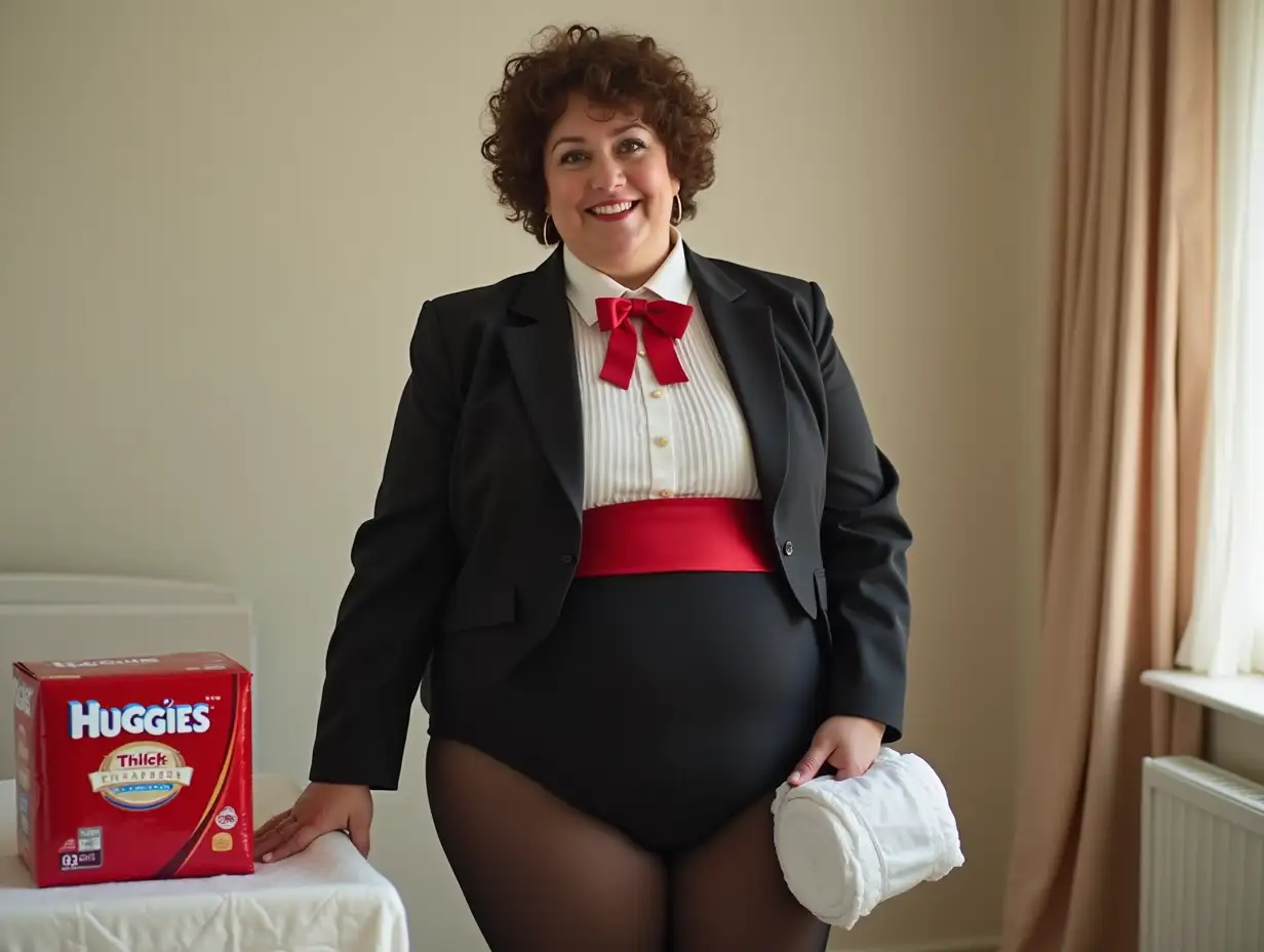 Smiling-MiddleAged-Woman-in-Formal-Tuxedo-at-Nursery-Changing-Table