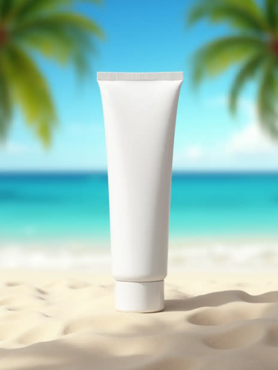 a promotional photo of a cream tube on a beach background, sea, palm trees, highly detailed