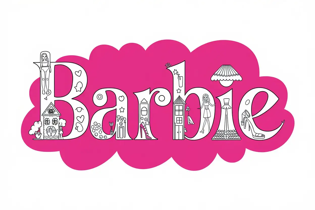 A black and white line drawing of the name 'Barbie' written in a Whimsical font. The letters are decorated with playful elements such as doll houses, barbie dolls,  and high heels. The overall composition has a lively and energetic feel.