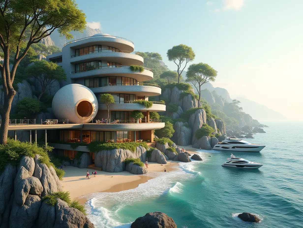 Create a high-resolution, realistic panorama image of a futuristic terrace building with snail house with bridge, a yacht and a small beach with people, many plants and grey and brown facades with sea with waves, big trees, four o'clock in the morning