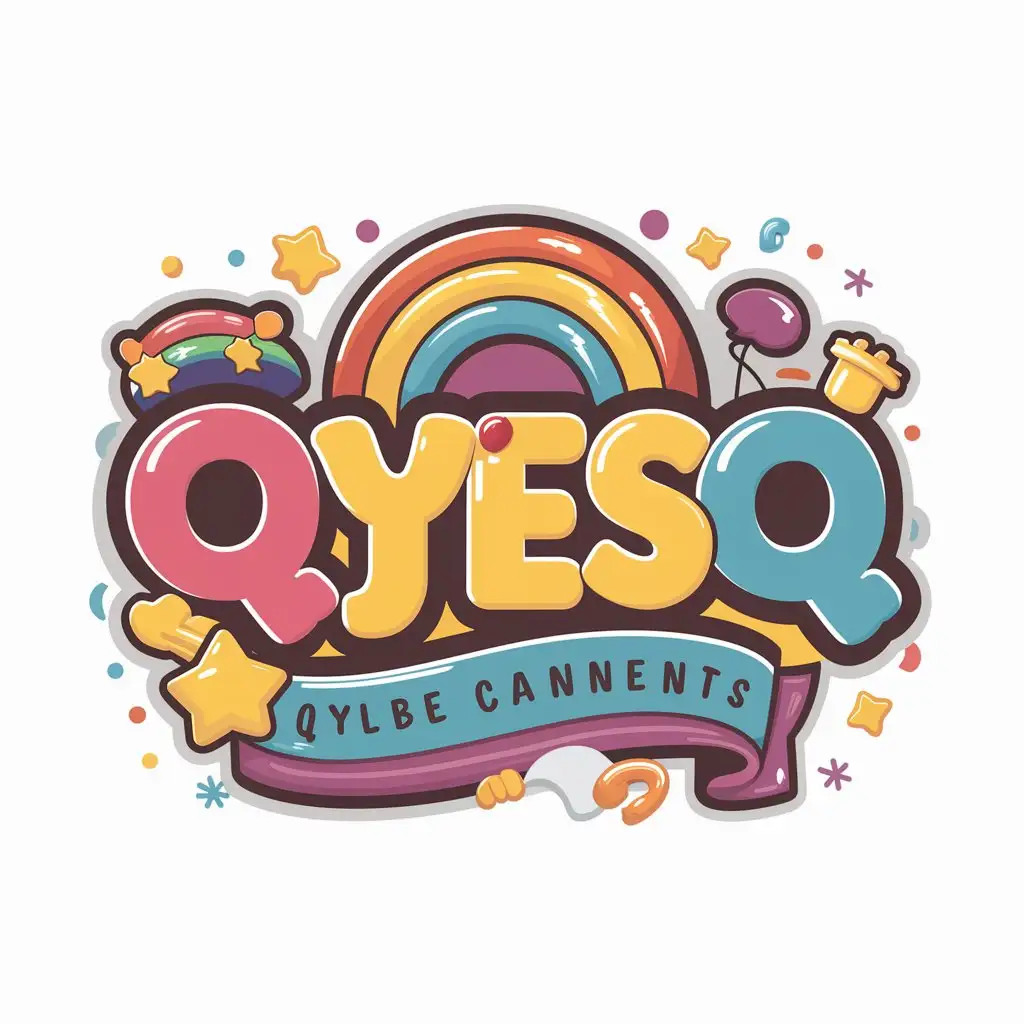 a vector logo design,with the text "QYESQ", main symbol:Create a colorful and engaging banner for a children's YouTube channel called “QYESQ”. The design should use lively and playful colors and include cute elements, toys and fun shapes. The banner should have a cheerful and imaginative look and the text should be easy to read and capture the joy and imagination of childhood. Banners should include elements such as rainbows, balloons and stars to visually appeal to young children and their parents.,complex,clear background