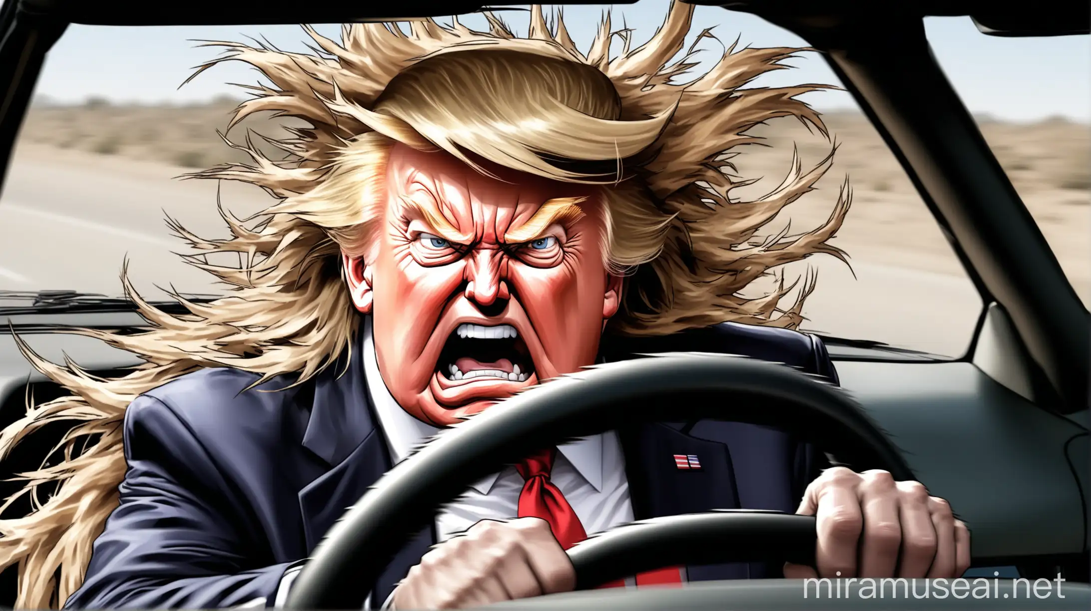 Angry Donald Trump Driving with Messy Hair