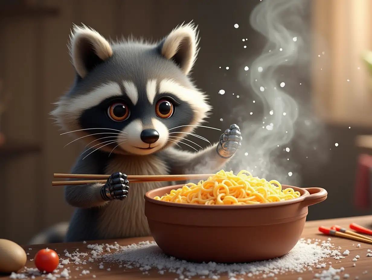 Image is a whimsical, digitally illustrated scene featuring a raccoon with realistic fur texture and expressive eyes, stirring a steaming pot of noodles. The raccoon is positioned centrally, with its paws gripping wooden chopsticks, and its fur is detailed with shades of gray and black, accented by a distinctive mask-like pattern around its eyes. The background is softly blurred, suggesting a rustic kitchen setting with warm, earthy tones. Steam rises dramatically from the pot, adding a sense of motion and warmth to the composition. Snow-like particles are scattered around, enhancing the magical, surreal atmosphere. The pot is a deep brown ceramic, contrasting with the bright yellow of the noodles. The overall style is a blend of realism and fantasy, capturing a playful and imaginative moment.A robot writes a name of SHARMA AARUSH on the smart board