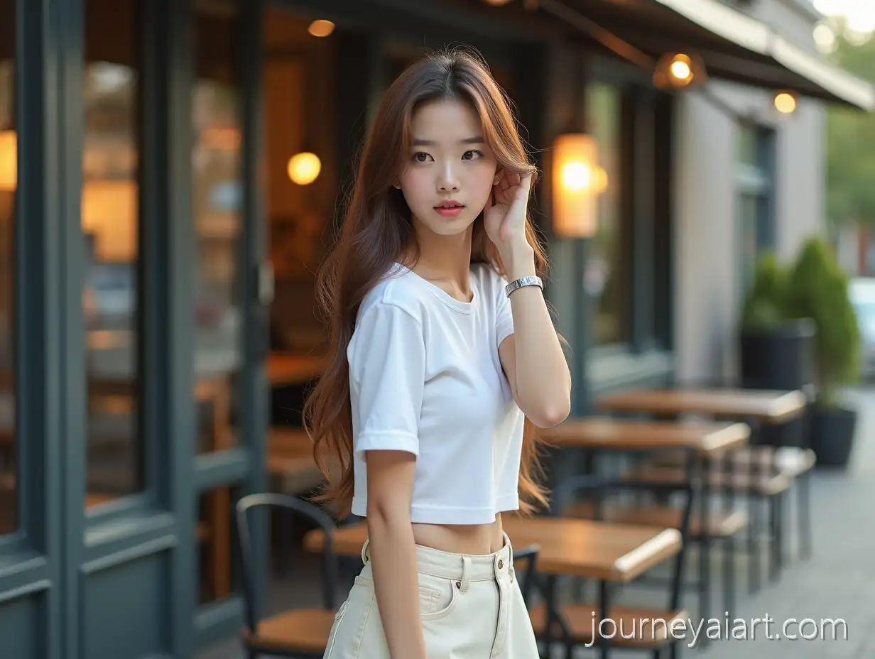 Korean-girl-outside-coffee-shopKorean-Girl-in-Cropped-TShirt-and-Denim-Skirt-Relaxing-Outside-Coffee-Shop-at-Daylight