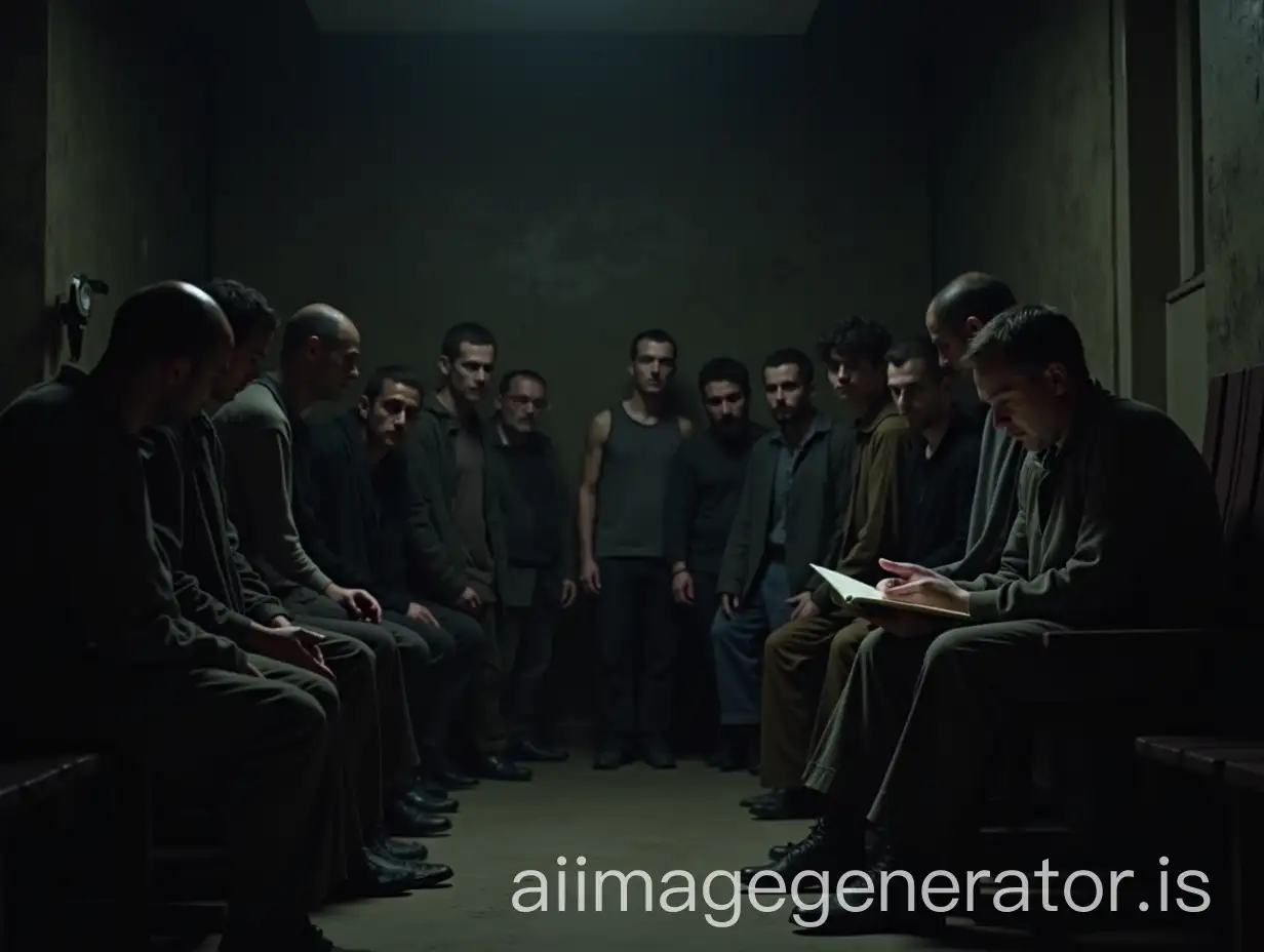 Homeless-Shelter-Scene-with-Men-in-Shabby-Clothes-Reading-and-Observing