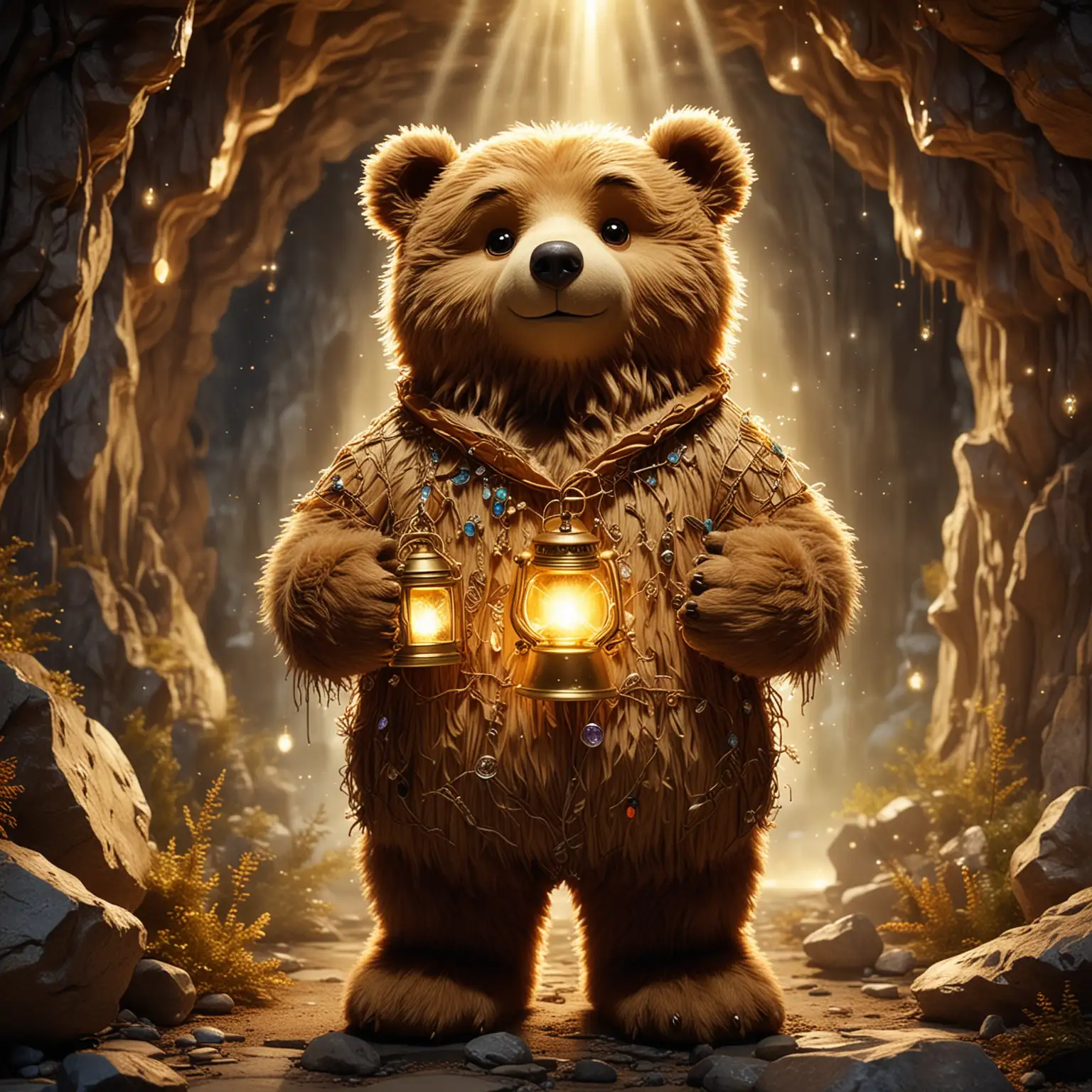 Design a cartoon-style anthropomorphic bear character with golden-brown fur and a sturdy build. The bear is wearing a tunic made of forest materials, holding an enchanted lantern that glows softly. The background is a magical cave with glowing crystals and streams of light breaking through the ceiling. The atmosphere is warm and inviting, full of mystical charm