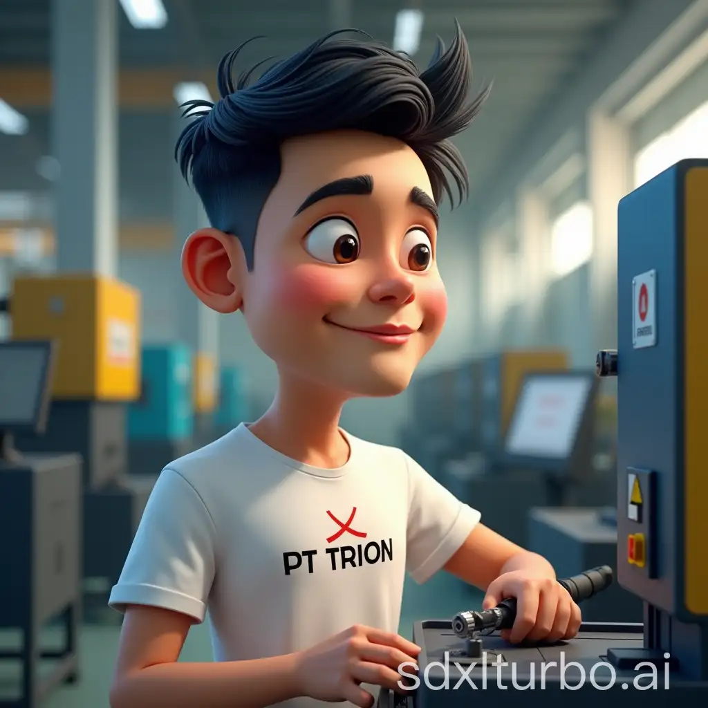 Create a 3D caricature cartoon style with a big head. A 30 year old Indonesian man. Short, messy black hair, oval face, with a clear chin line. is repairing an EDM machine in a factory. arched eyebrows and brown eyes. His nose was sharp, he smiled with thin lips. Wearing a white t-shirt with a stylish font logo that says 'PT TRION'. Colorful machine machine background. Photorealistic, high definition, sharp details, natural lighting. At the top of the image, create a logo with the words 'PT TRION', ultra-realistic, hd, sharp focus.