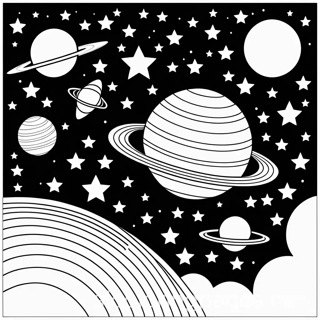 Cute space design with stars, Coloring Page, black and white, line art, white background, Simplicity, Ample White Space. The background of the coloring page is plain white to make it easy for young children to color within the lines. The outlines of all the subjects are easy to distinguish, making it simple for kids to color without too much difficulty