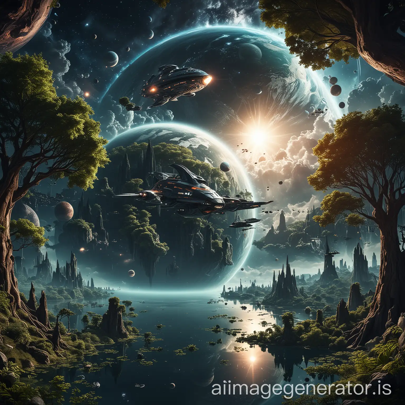 a planet in space with clouds giant trees cities lakes rivers with a space ship orbiting